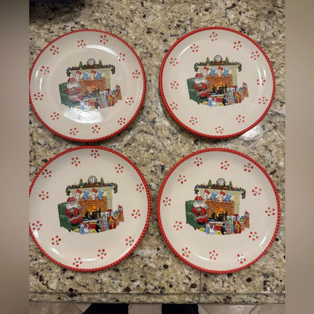 Temptations Tara HOLIDAY): 4 Salad/Dessert Plates, Santa, Fireplace, Red - Picture 2 of 3